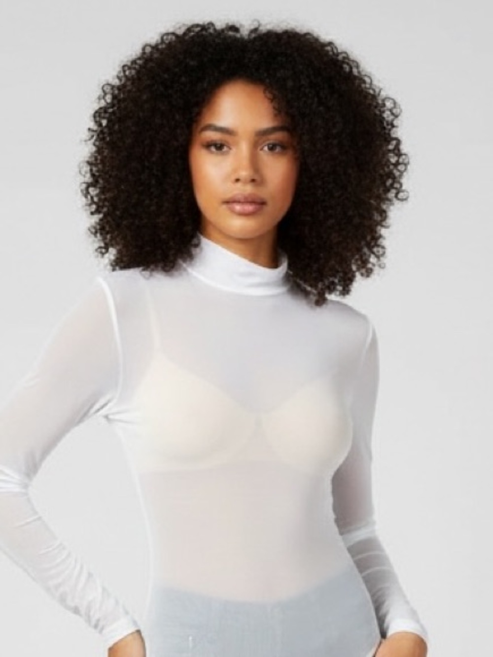 Sheer White Mock Neck Long Sleeve Bodysuit - Women